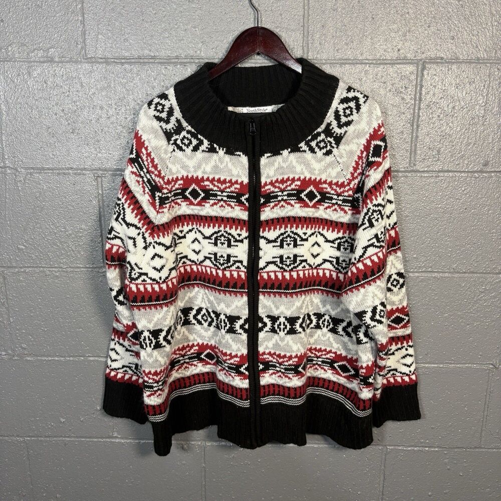 NorthStyle Sweater Womens 2X Fair Isle Nordic Full Zip Cardigan Plus Size Cozy
